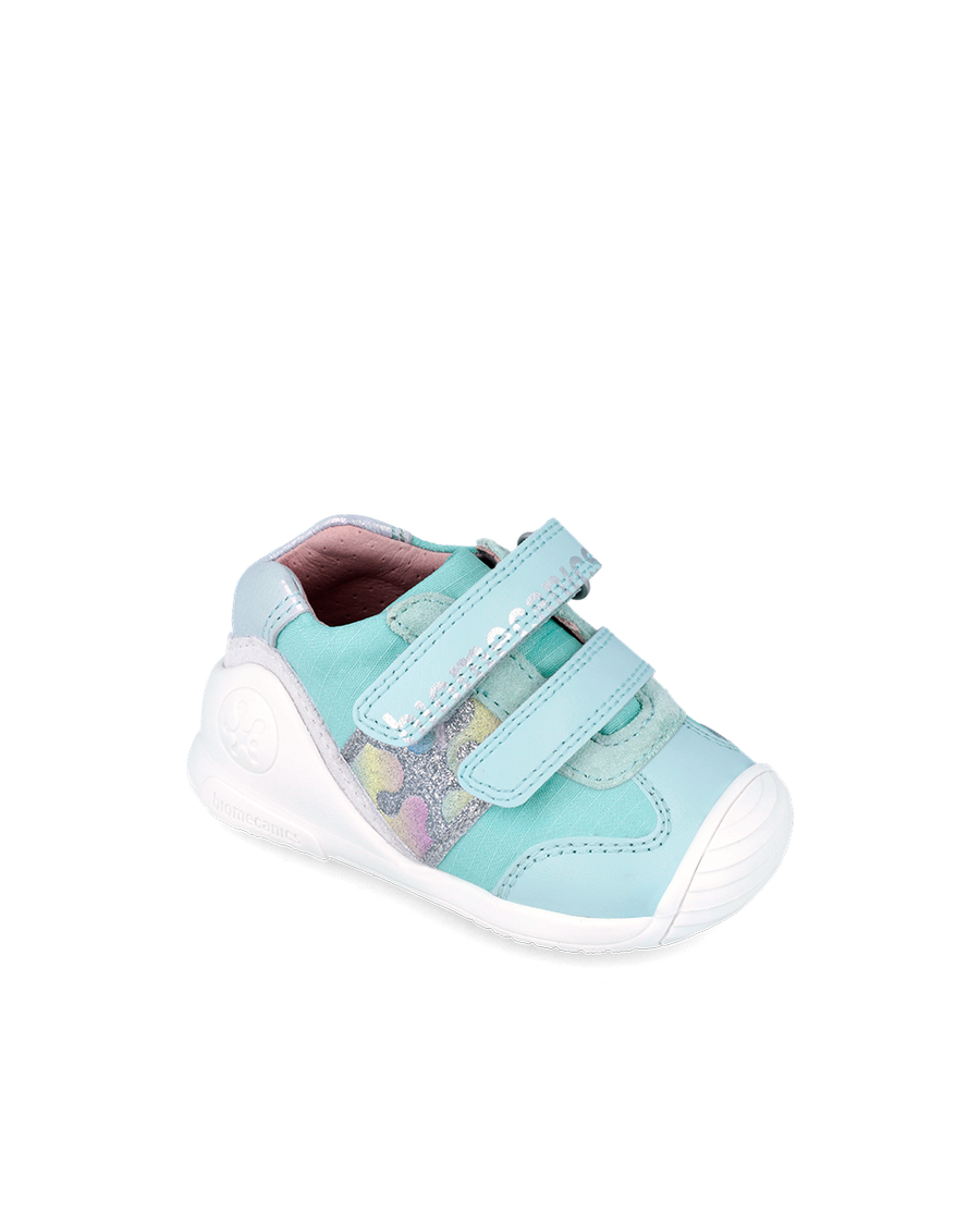 BIOMECANICS 242112-A First Steps Sneakers – Sky Blue / Mint – Petrol/Blue colour. Designed to support and protect baby's feet during their first steps.