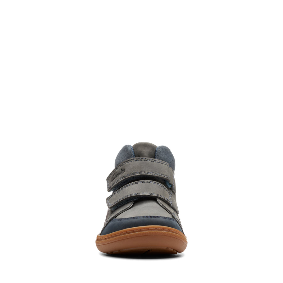 Clarks - Flash Rise K - Denim Blue baby boots with lighter blue rainbow and clouds, perfect for those first steps.