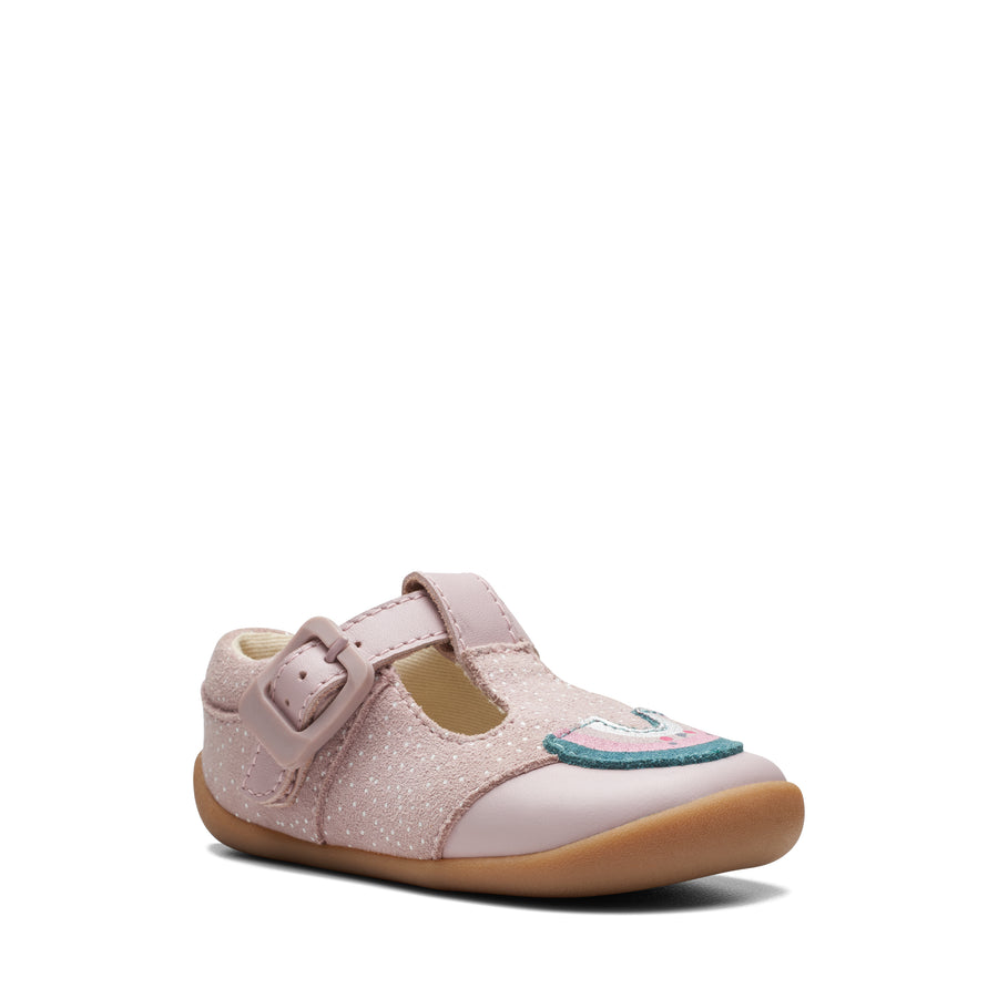 Clarks – Baby Girl – First Shoe | Roamer Mist T. A pink shoe with a buckle.