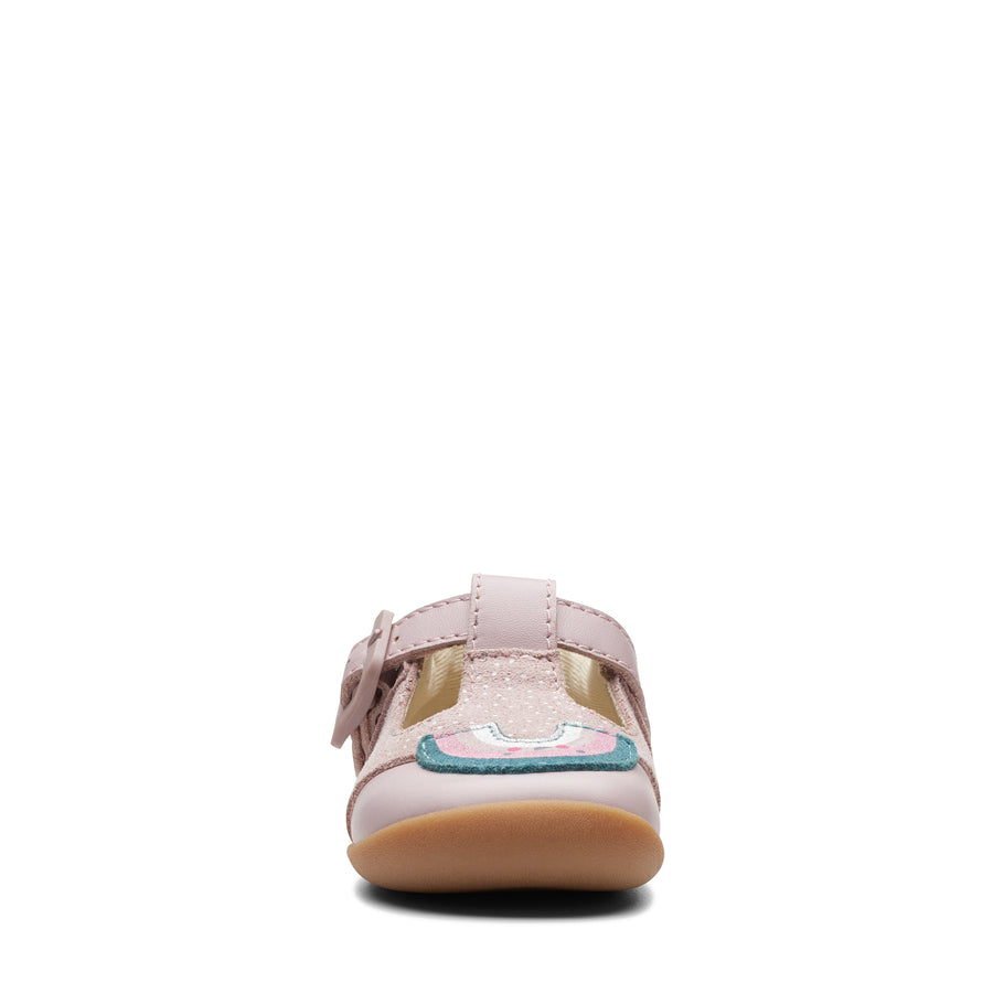 Clarks – Baby Girl – First Shoe | Roamer Mist T. A pink shoe with a buckle. Front View.