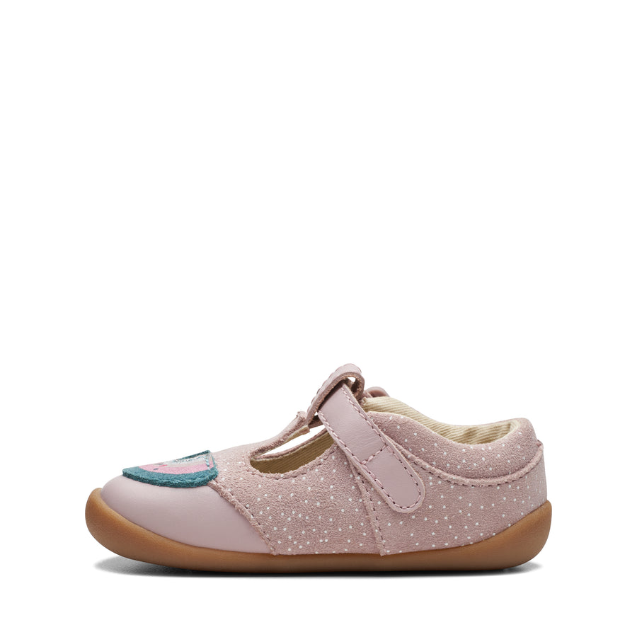 Clarks – Baby Girl – First Shoe | Roamer Mist T. A pink shoe with a buckle. Side View - 2