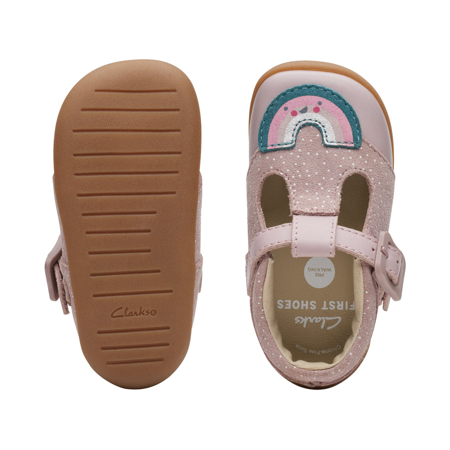 Clarks – Baby Girl – First Shoe | Roamer Mist T. A pink shoe with a buckle. Bottom and Top View