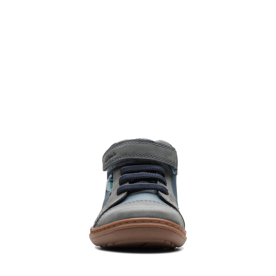 Baby boy's first high top boots. Demin Blue Leather  with car designs on the side, for his first steps. Front View