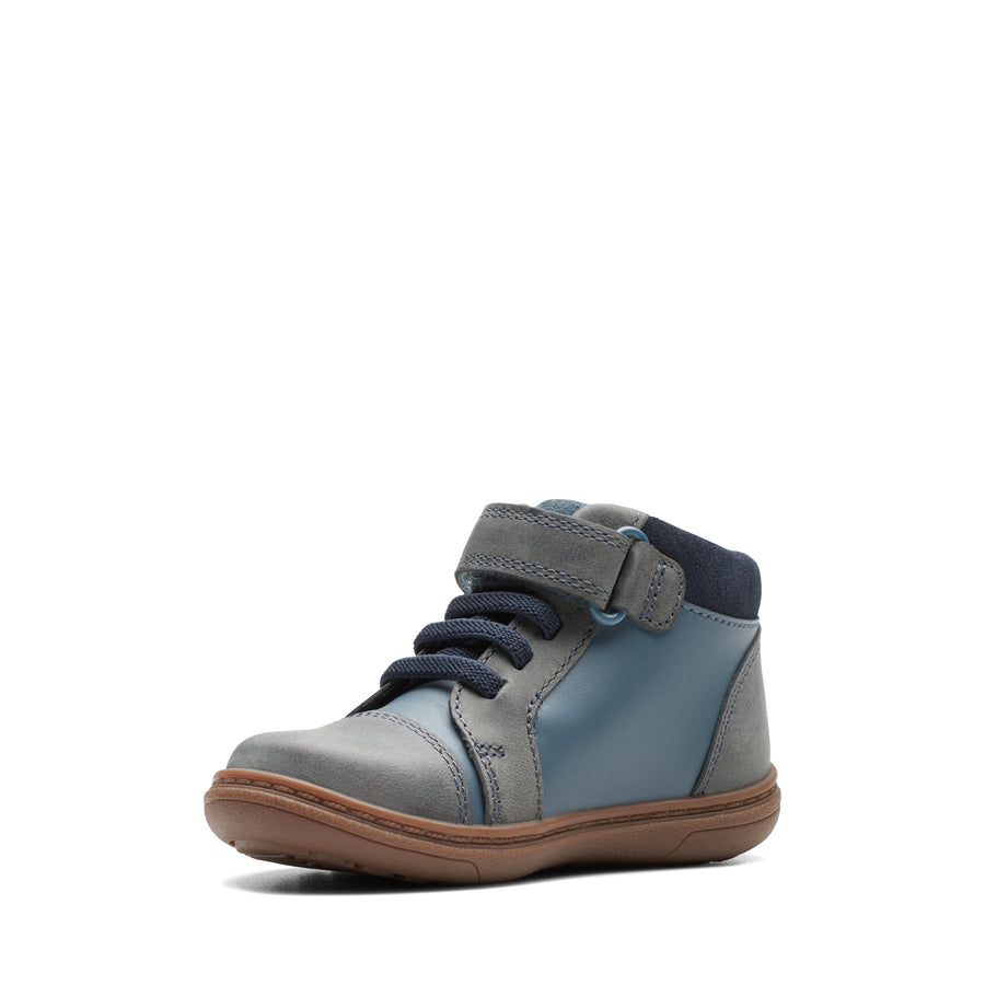 Baby boy's first high top boots. Demin Blue Leather  with car designs on the side, for his first steps.