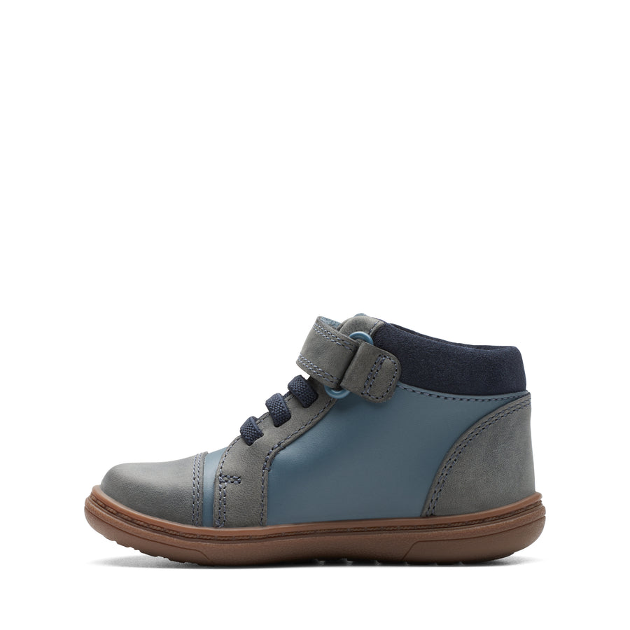 Baby boy's first high top boots. Demin Blue Leather  with car designs on the side, for his first steps.