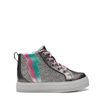 Clarks - Baby Girl - First Shoe, silver and pink high top trainer. Side View