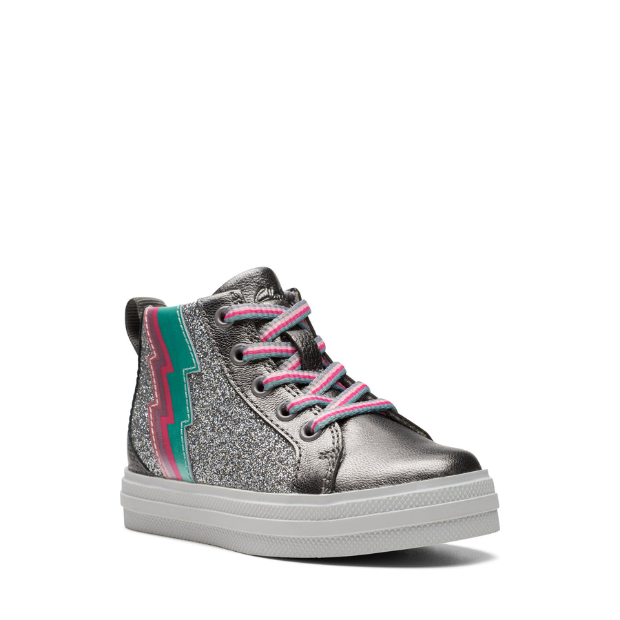 Clarks - Baby Girl - First Shoe, silver and pink high top trainer. 