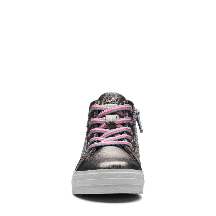 Clarks - Baby Girl - First Shoe, silver and pink high top trainer. Front View