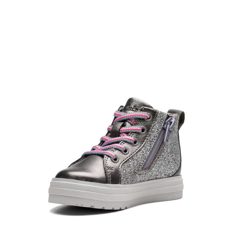Clarks - Baby Girl - First Shoe, silver and pink high top trainer. Zipper View