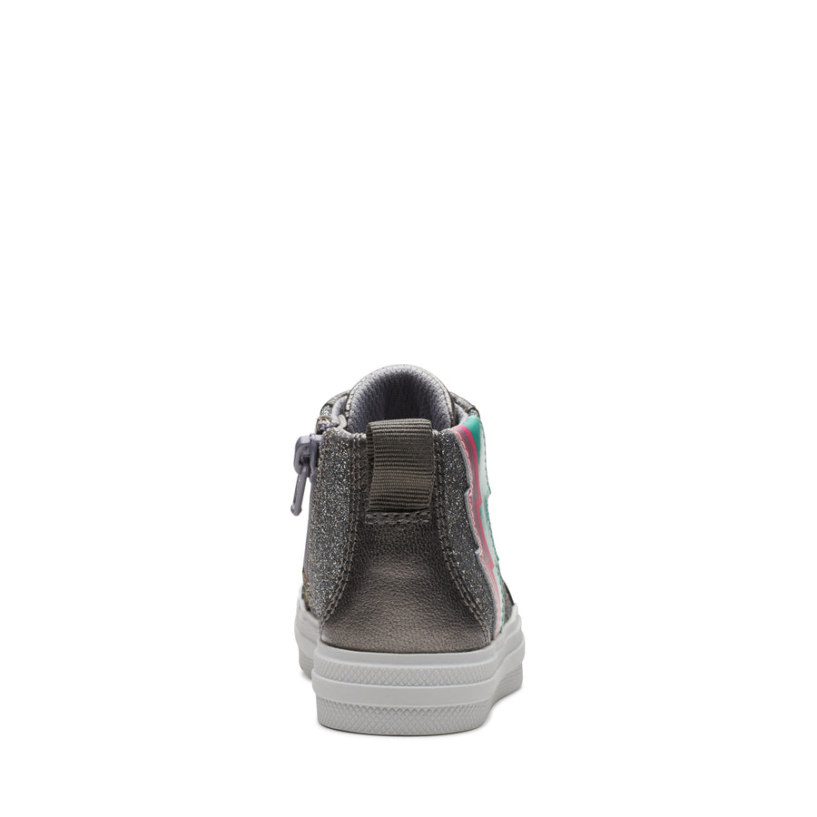 Clarks - Baby Girl - First Shoe, silver and pink high top trainer. Back View.