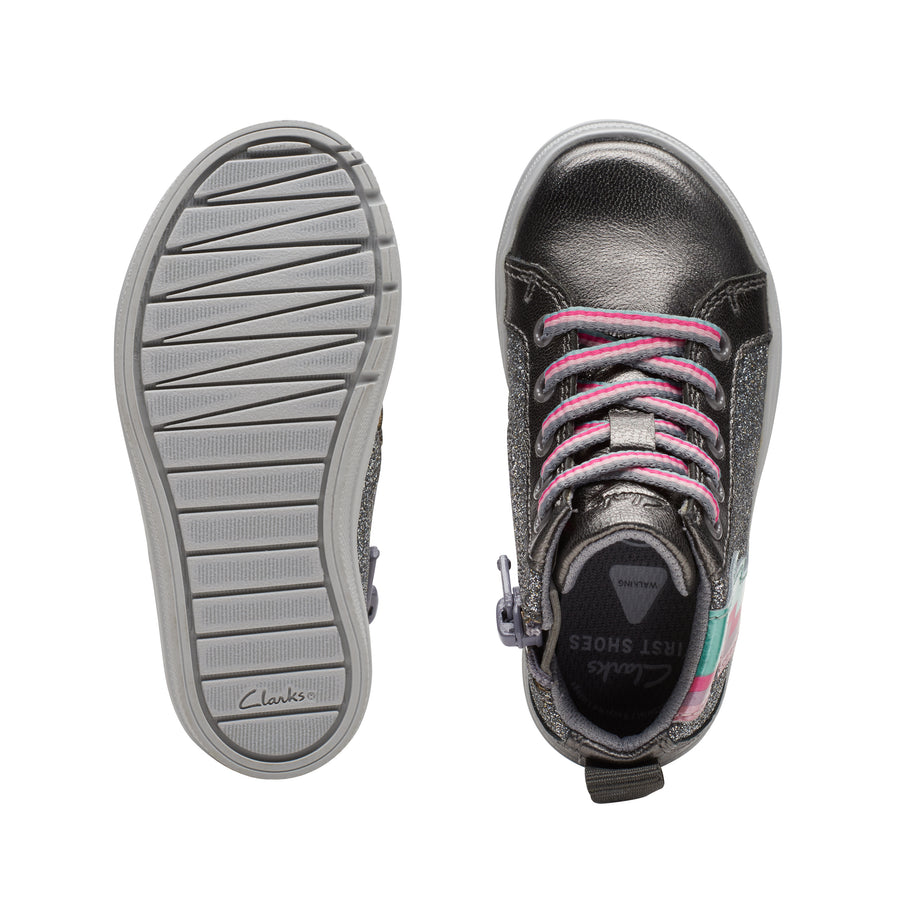 Clarks - Baby Girl - First Shoe, silver and pink high top trainer. Top and Bottom view.