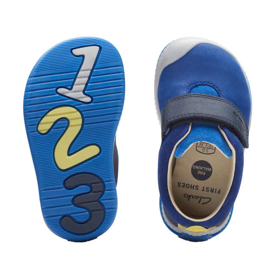 Clarks – Roller Fun T. Baby Boy Blue Shoes. Perfect for your baby’s fist steps. Top and Bottom View.