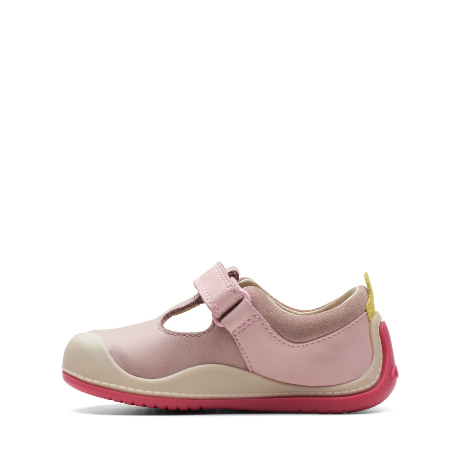 Clarks - RollerBright T Girls Baby Pink Shoes. Perfect for baby’s first steps. Side View.
