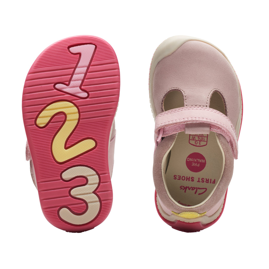 Clarks - RollerBright T Girls Baby Pink Shoes. Perfect for baby’s first steps. Top and Bottom View