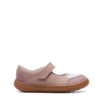 Clarks Baby Girls first shoe in dusty pink featuring a colourful rainbow design on the top