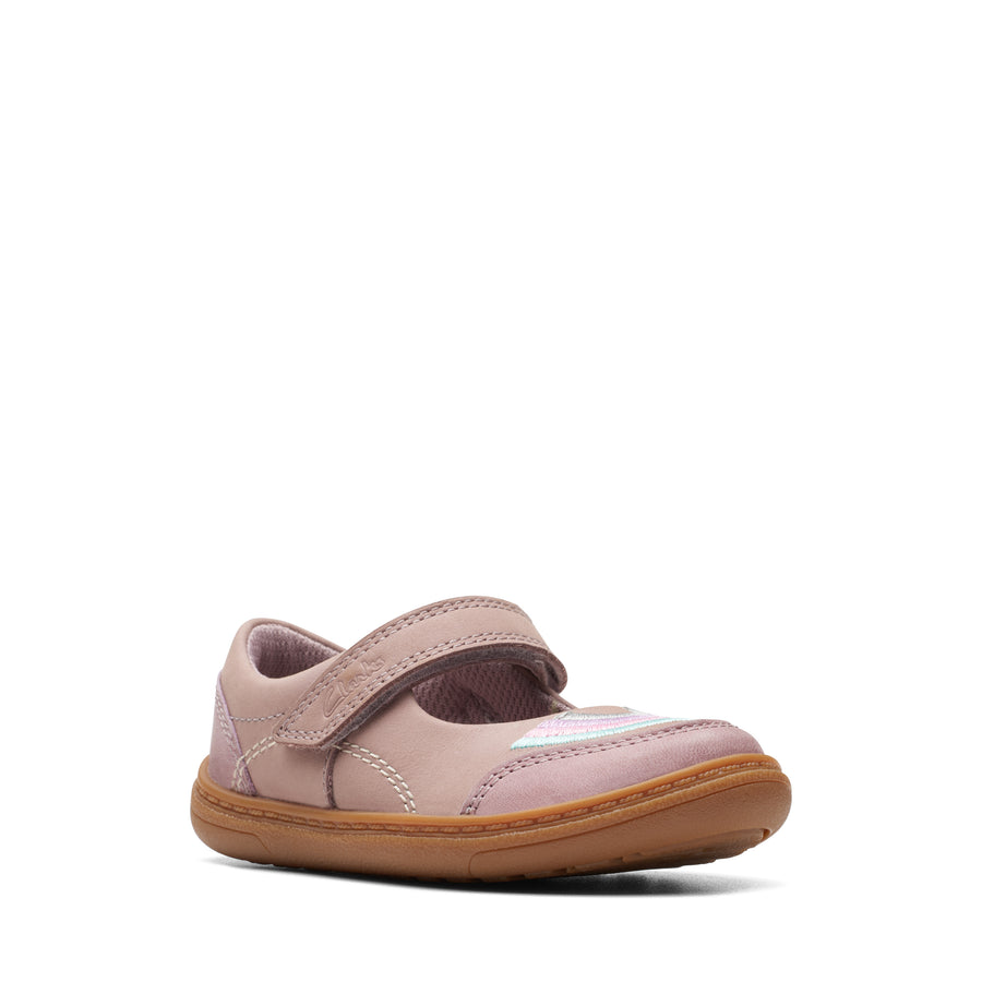 Clarks Baby Girls first shoe in dusty pink featuring a colourful rainbow design on the top