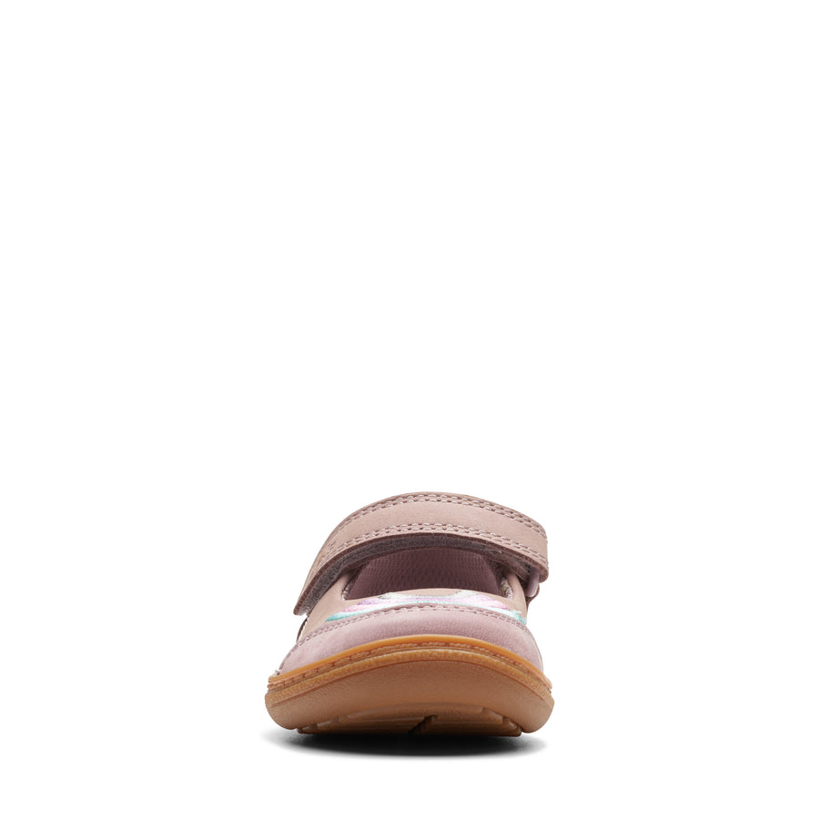 Clarks Baby Girls first shoe in dusty pink featuring a colourful rainbow design on the top. View of the front of the shoe.