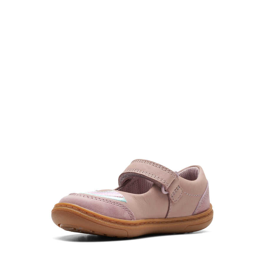 Clarks Baby Girls first shoe in dusty pink featuring a colourful rainbow design on the top. Side View.