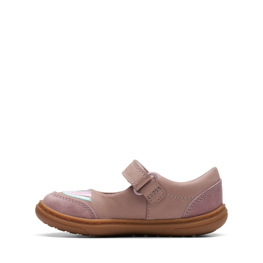 Clarks Baby Girls first shoe in dusty pink featuring a colourful rainbow design on the top. Side View.