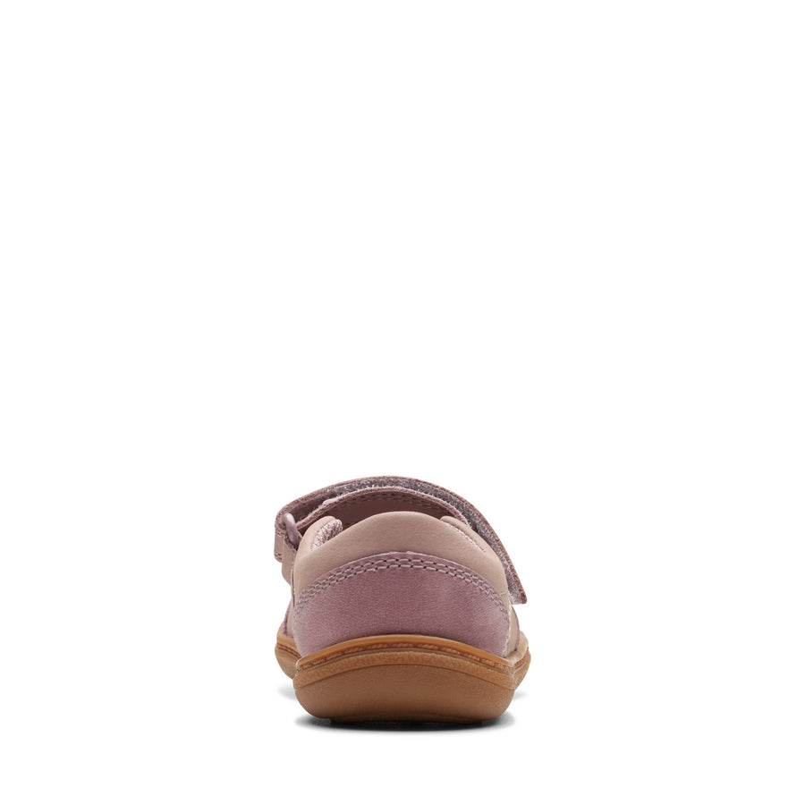 Clarks Baby Girls first shoe in dusty pink featuring a colourful rainbow design on the top. View of back of shoe.