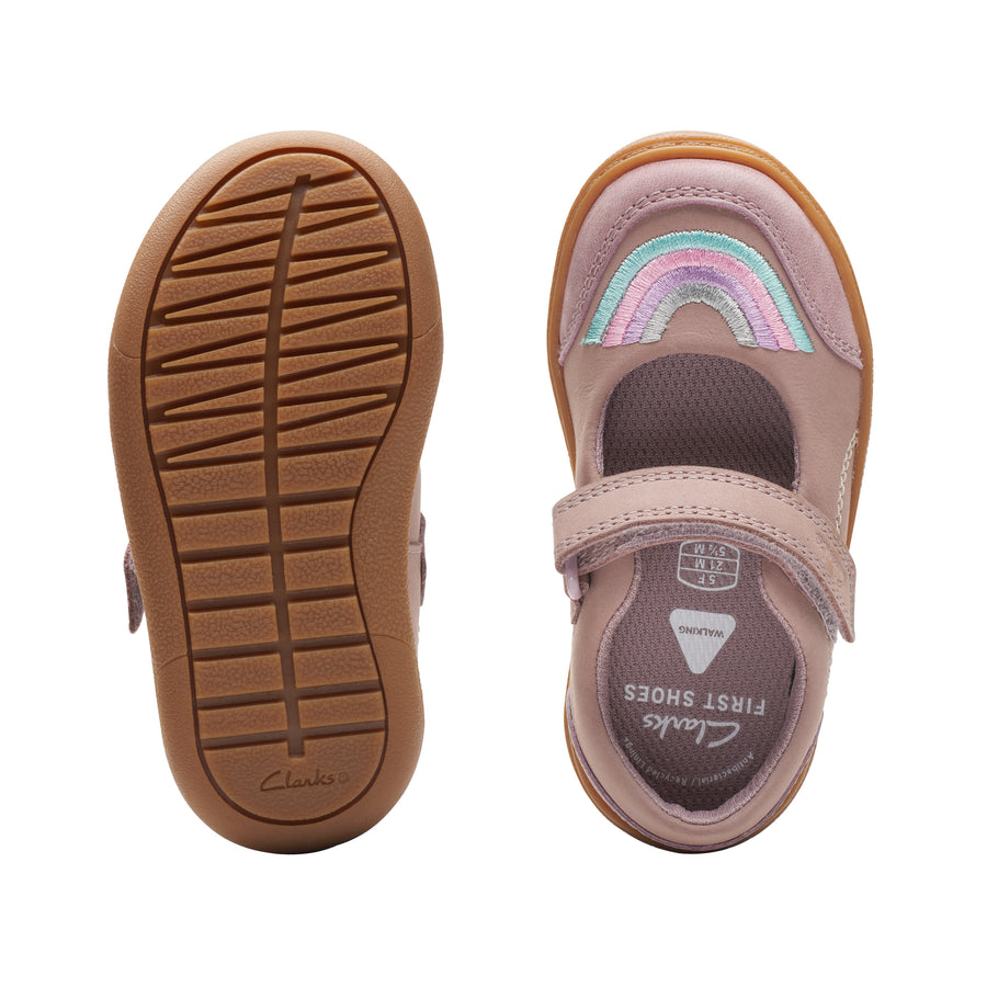 Clarks Baby Girls first shoe in dusty pink featuring a colourful rainbow design on the top. Top and Bottom View of Shoe.