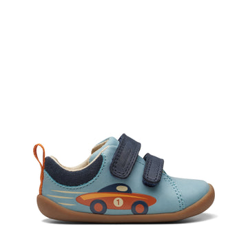 Clarks – Roamer Retro T. Blue Baby Boy first shoe with a red car on it. Side View