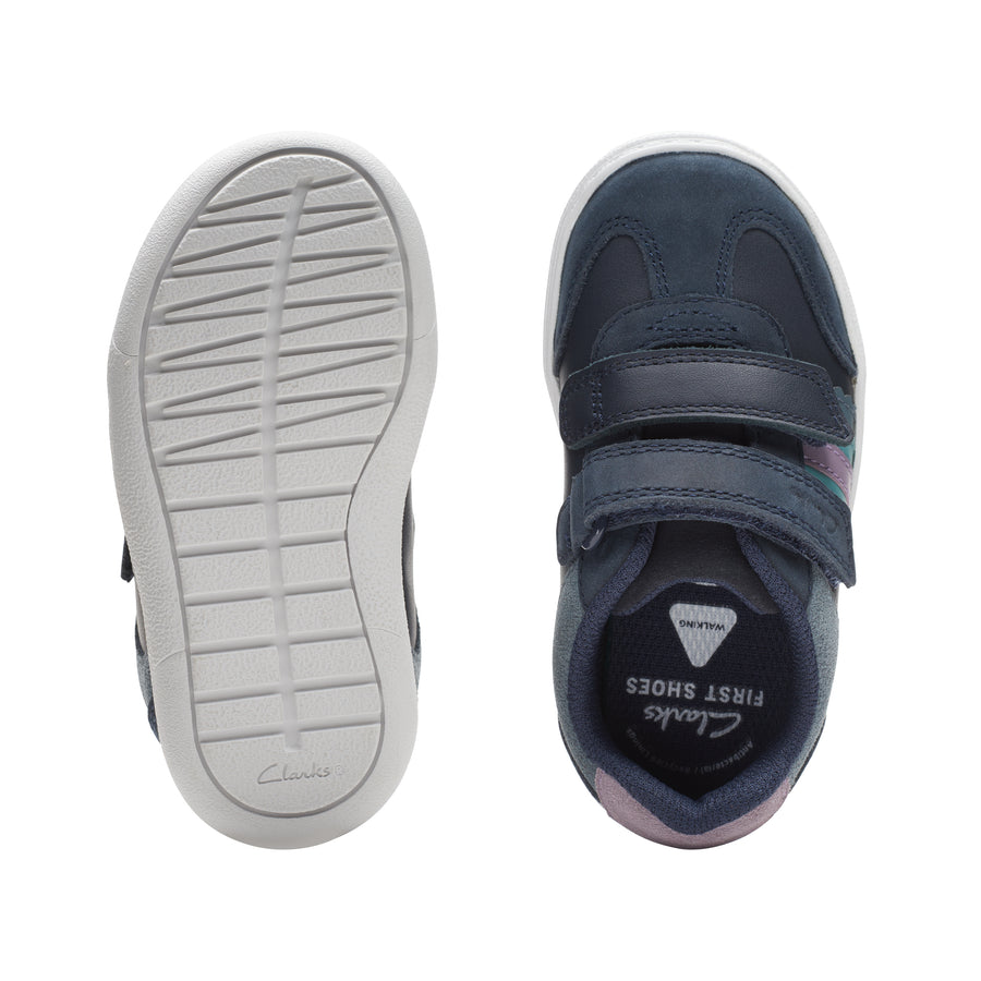 Clark’s First Step Baby Boy Navy shoe with colourful stripes on the side of the shoe. Velcro Strap for easy closing. 