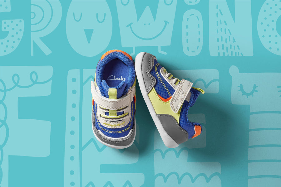 Clarks – Roller Fun T. Baby Boy Yellow, White and Blue Shoes. Perfect for your baby’s fist steps